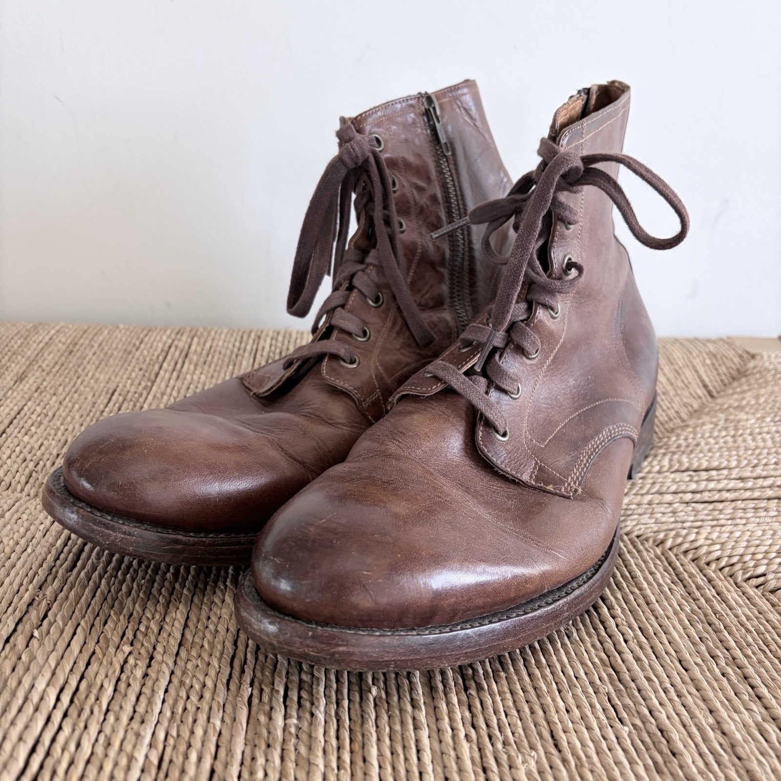 Frye Mens Sz 11d Bowery Lace-Up Boots Brown Leather Side Zip Military Utility